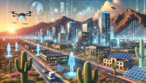 Here’s a futuristic depiction of Tucson, Arizona, in the digital age, blending the natural beauty of the Sonoran desert with advanced technology and eco-friendly innovations.