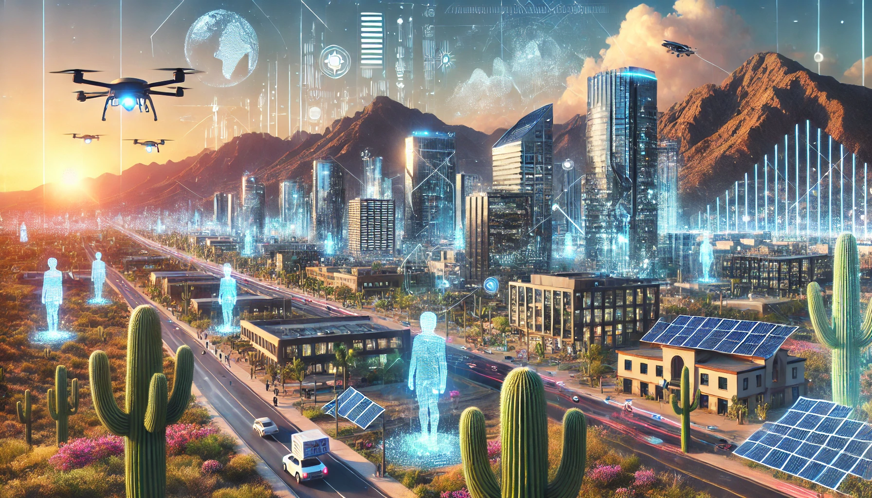 Here’s a futuristic depiction of Tucson, Arizona, in the digital age, blending the natural beauty of the Sonoran desert with advanced technology and eco-friendly innovations.